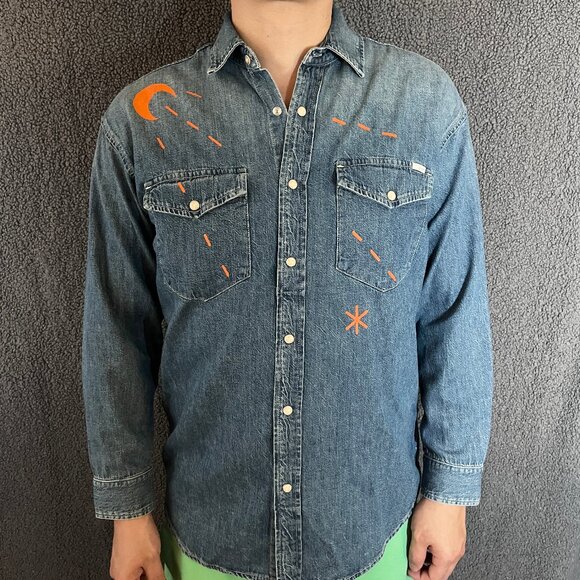 David Bowie Western Denim Snap Shirt By Mother Jeans - Men's Size M - Blue - Picture 2 of 12